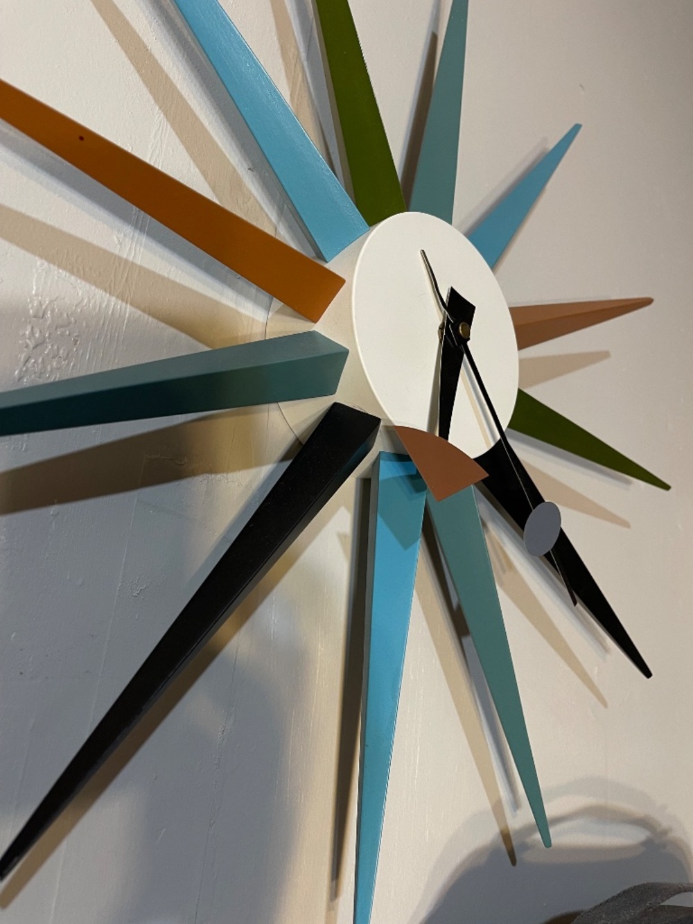 Mid-Century Starburst Wall Clock in Teal, Olive, Mustard & Black - Picture 2 of 4